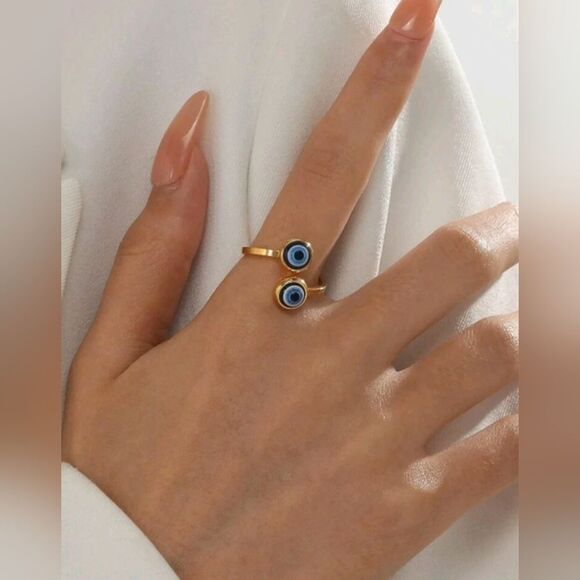 Gold Adjustable Evil Eye Ring - Picture 1 of 5